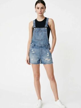 MADEWELL | Blue Denim Distressed Jean Short Overalls Women’s Size Small